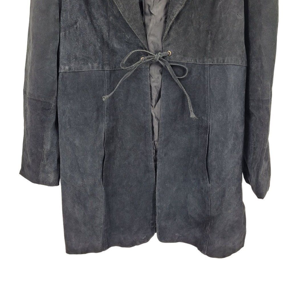 Vintage 80s Leather Jacket XL Black Suede Leather Long Tie‎ Unisex Boho Cosplay - Picture 5 of 11